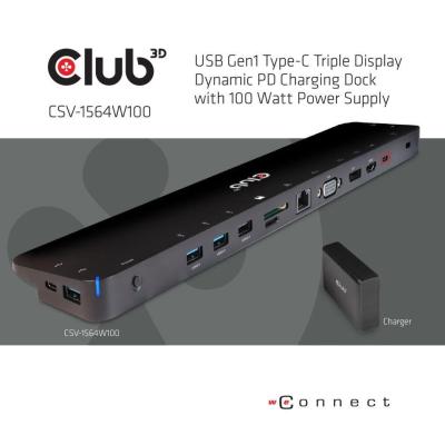 Club3D dokovací stanice USB-C 3.2 s napájecím adaptérem Triple Dynamic PD, 100 W