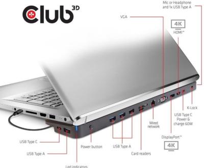 Club3D dokovací stanice USB-C 3.2 s napájecím adaptérem Triple Dynamic PD, 65 W