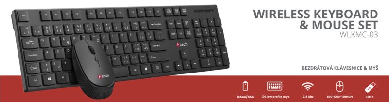 C-TECH WLKMC-03, bezdrátový combo set s myší, černý, USB, CZ/SK - obrázek 3